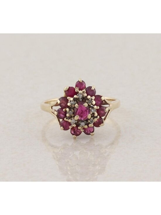 Jewelry - 10k Yellow Gold Natural Ruby and Diamond Cluster Ring Size 6 1/4